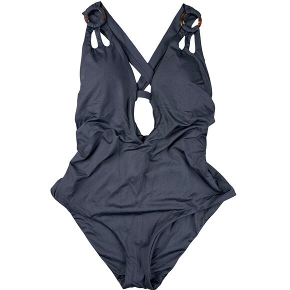 Becca by Rebecca Virtue One-Piece Swimsuit Color Code Skylar Ring Plunge Black - Picture 3 of 8